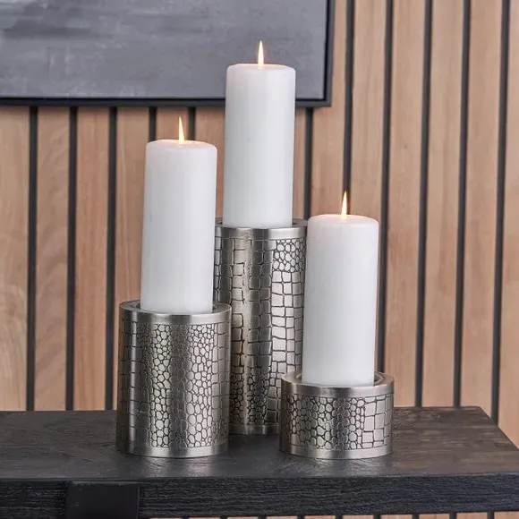 Set of 3 Candle Holders Croc Effect - Silver image