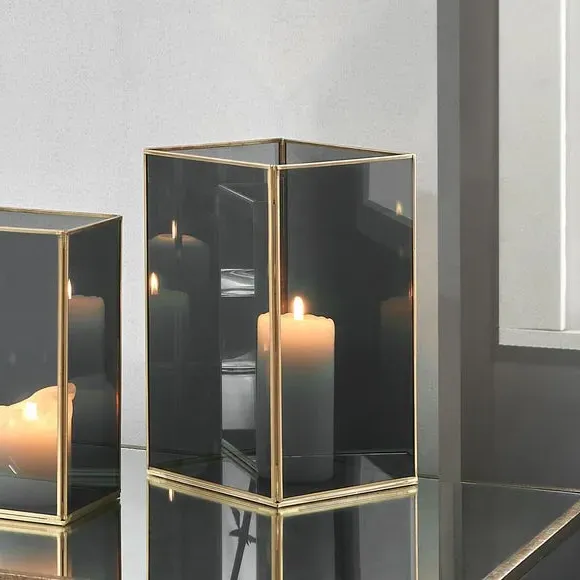 Square Hurricane Candle Holder - Brass, Glass