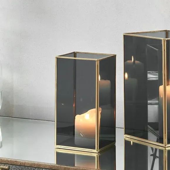 Square Hurricane Candle Holder - Brass, Glass image
