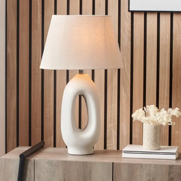 Tall Table Lamp with Linen Shade - Cream, Ceramic image