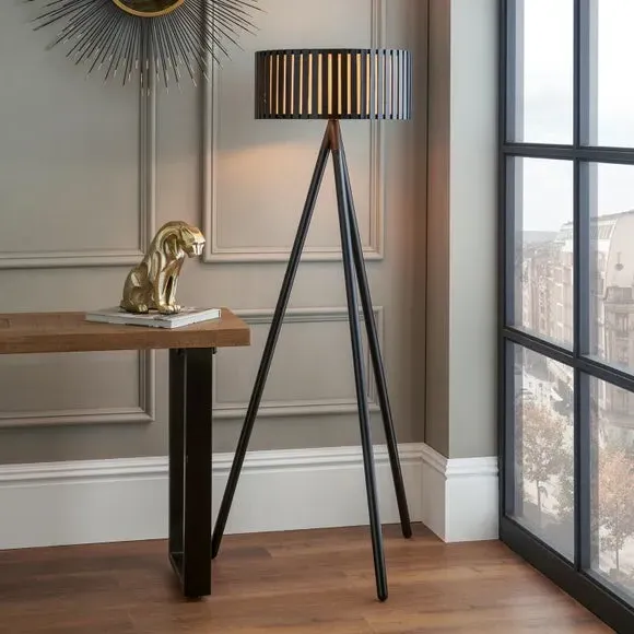 Tripod Floor Lamp with Slat Shade - Black, Wood image