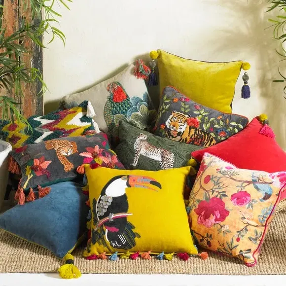Botanical Cushion with Cheetah Print - Green
