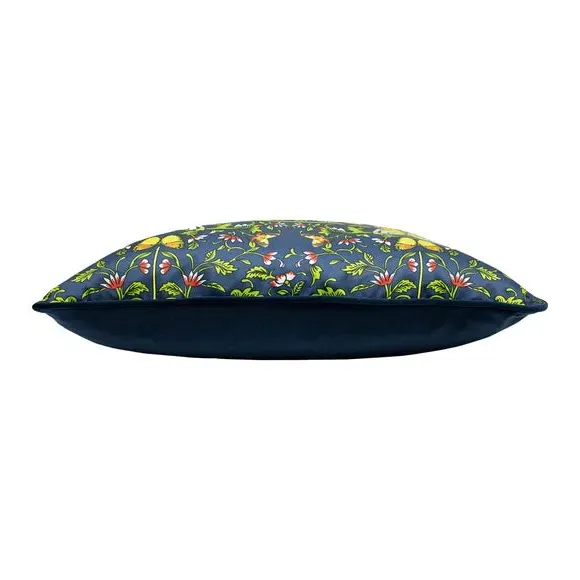 Botanical Cushion with Piped Edge - Navy, Satin