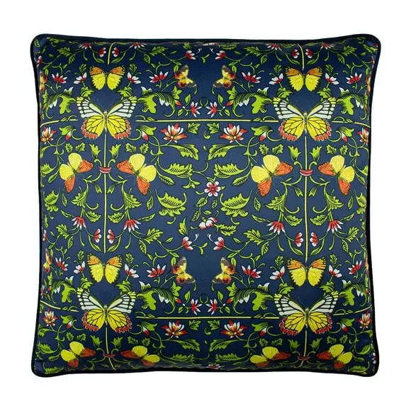 Botanical Cushion with Piped Edge - Navy, Satin image
