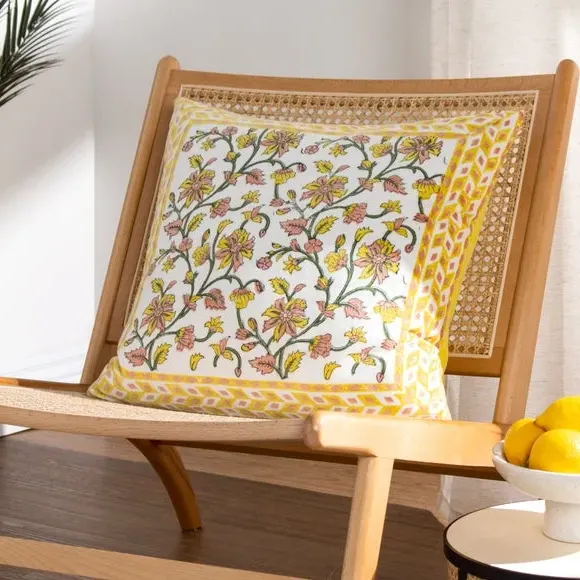 Decorative Cushion with Floral Print - Yellow, Cotton