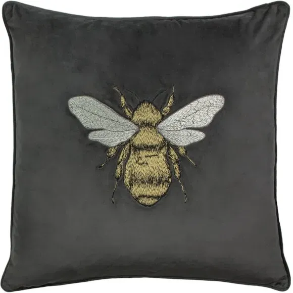 Embroidered Bee Cushion - Charcoal, Velvet