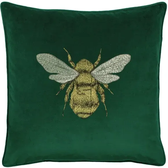 Embroidered Bee Cushion - Emerald, Velvet