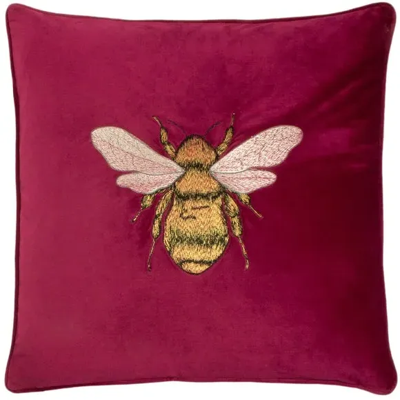 Embroidered Bee Cushion - Fuchsia, Velvet