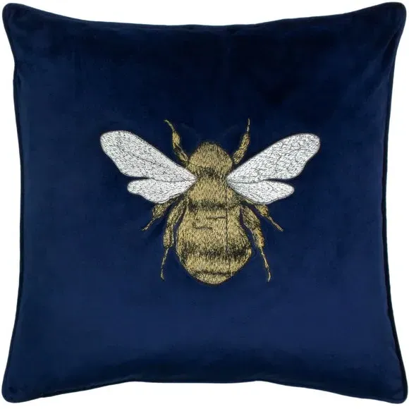 Embroidered Bee Cushion - Navy, Velvet