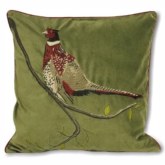 Embroidered Cushion with Pheasant Design - Green image
