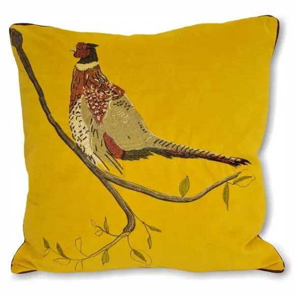 Embroidered Cushion with Pheasant Design - Mustard