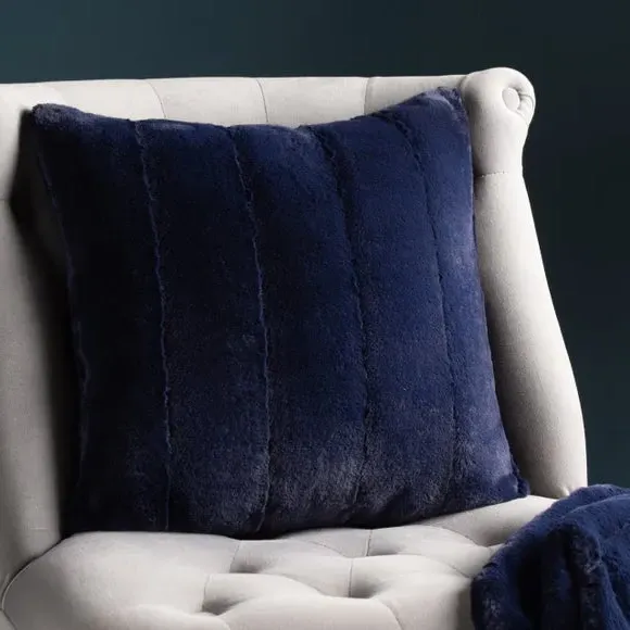 Filled Cushion with Faux Fur - Navy, Polyester