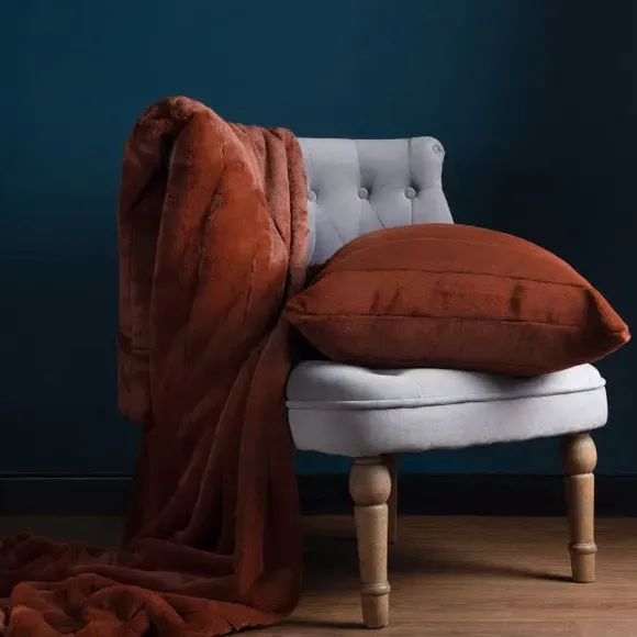 Filled Cushion with Faux Fur - Rust, Polyester