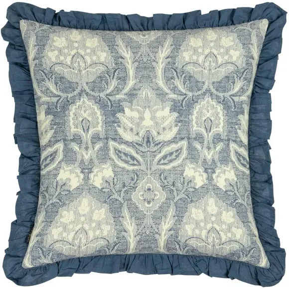 Floral Cushion with Pleated Border - Blue, Cotton