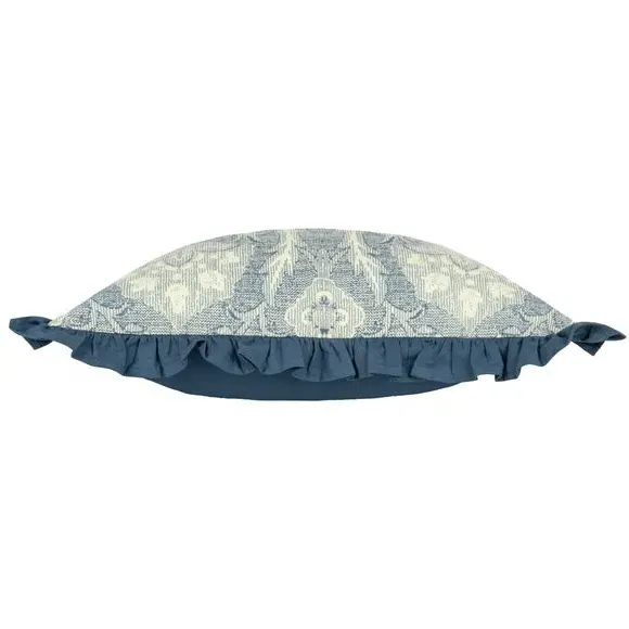 Floral Cushion with Pleated Border - Blue, Cotton