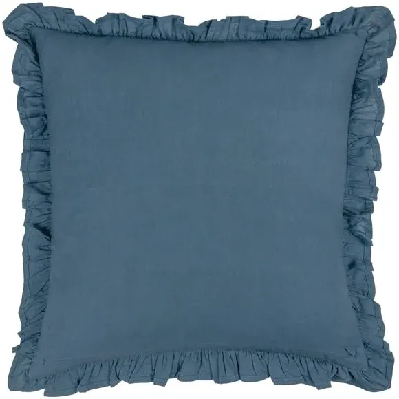 Floral Cushion with Pleated Border - Blue, Cotton