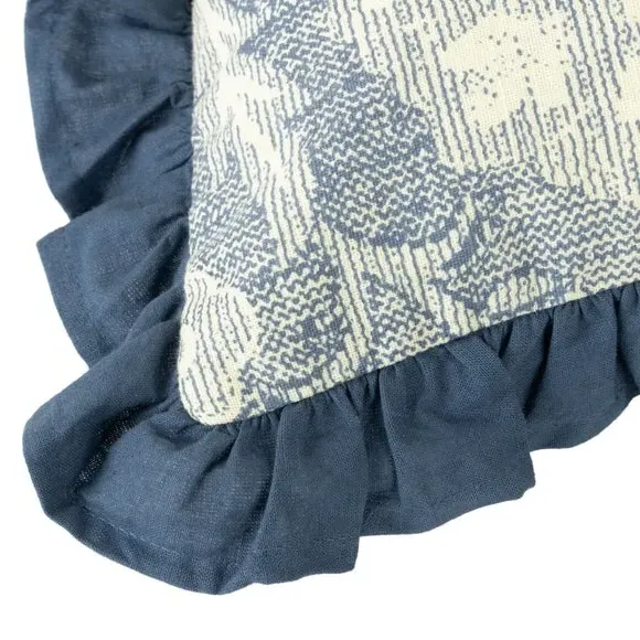 Floral Cushion with Pleated Border - Blue, Cotton