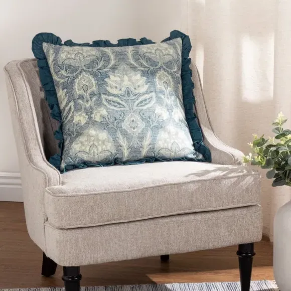 Floral Cushion with Pleated Border - Blue, Cotton image