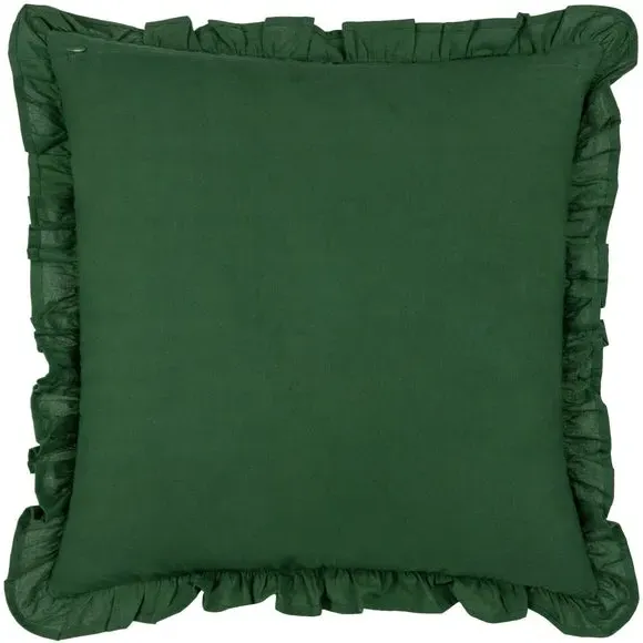 Floral Cushion with Pleated Border - Green, Cotton