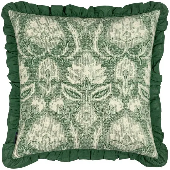 Floral Cushion with Pleated Border - Green, Cotton