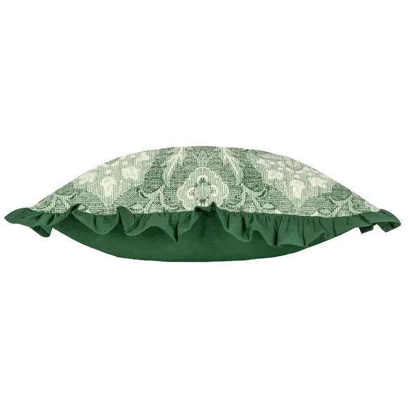 Floral Cushion with Pleated Border - Green, Cotton