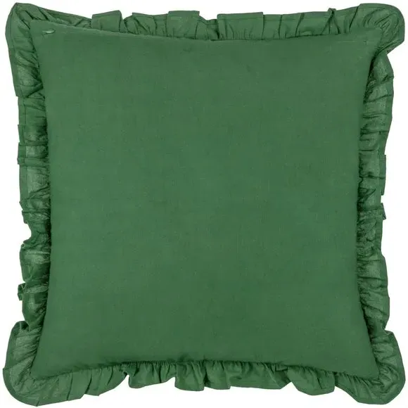 Floral Cushion with Pleated Border - Green, Cotton