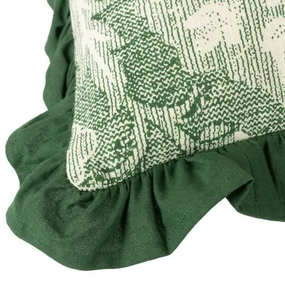 Floral Cushion with Pleated Border - Green, Cotton