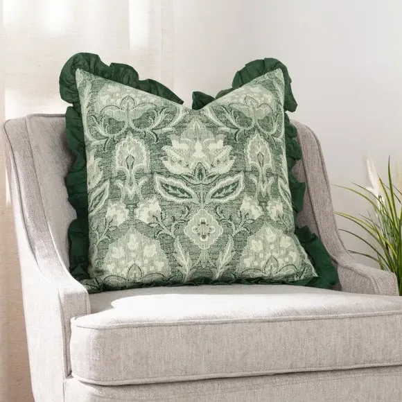 Floral Cushion with Pleated Border - Green, Cotton