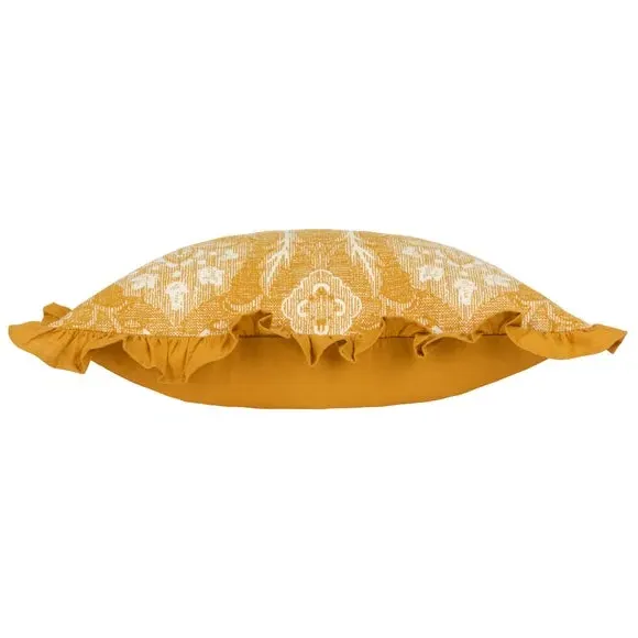 Floral Cushion with Pleated Border - Ochre, Cotton