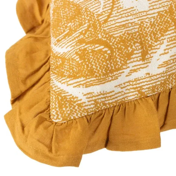 Floral Cushion with Pleated Border - Ochre, Cotton