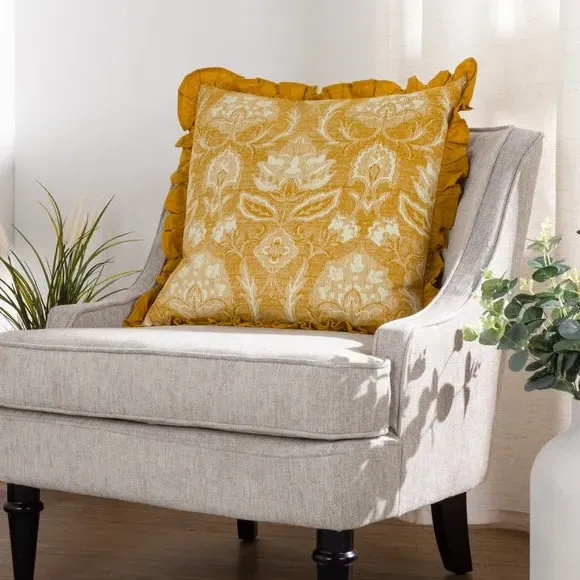 Floral Cushion with Pleated Border - Ochre, Cotton