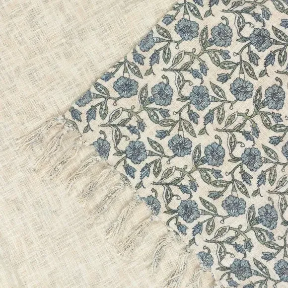Floral Throw Blanket with Tassels - Blue, Cotton