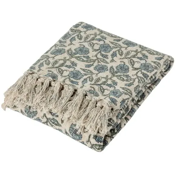 Floral Throw Blanket with Tassels - Blue, Cotton image
