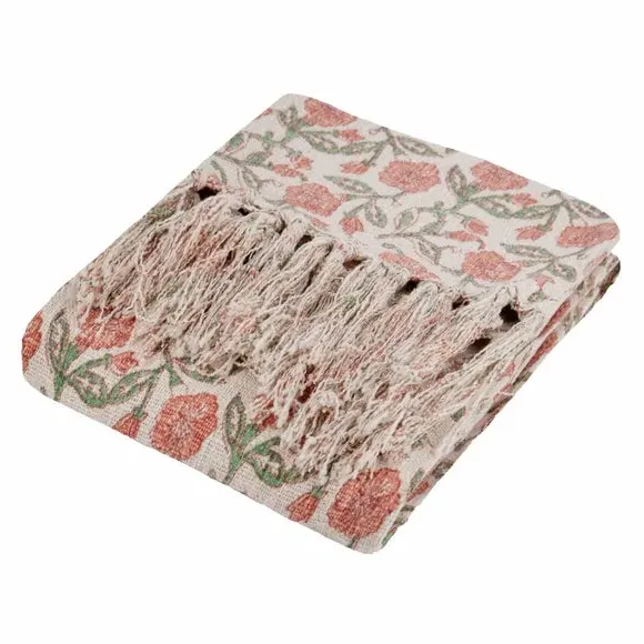 Floral Throw Blanket with Tassels - Coral, Cotton