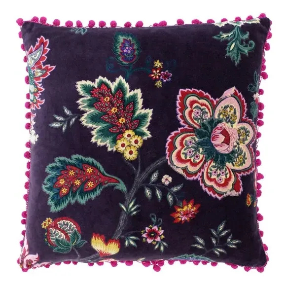 Floral Velvet Cushion with Pom Poms - Damson