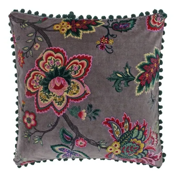 Floral Velvet Cushion with Pom Poms - Mink