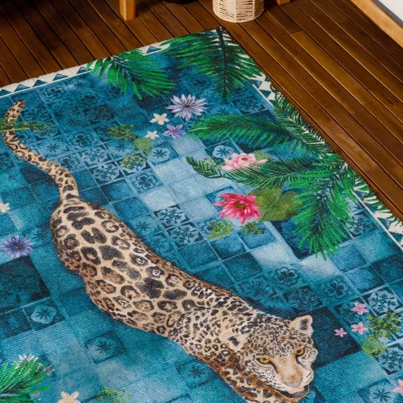 Leopard Print Indoor Outdoor Rug - Blue, Polyester
