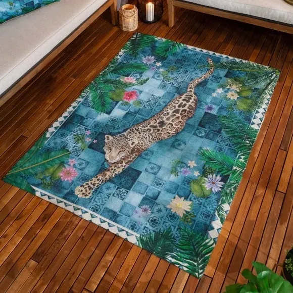 Leopard Print Indoor Outdoor Rug - Blue, Polyester image