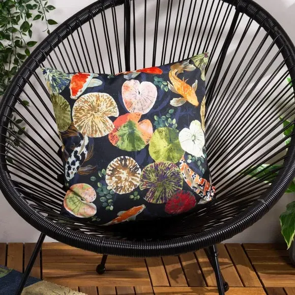 Outdoor Cushion with Koi Design - Blue, Polyester