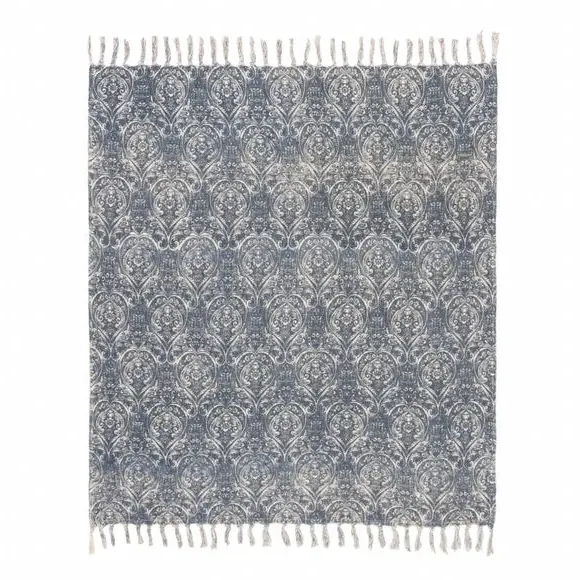 Patterned Throw Blanket with Tassels - Blue, Cotton