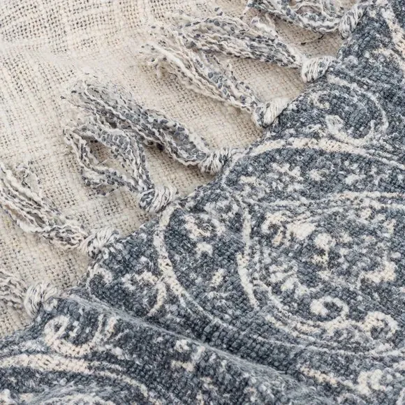 Patterned Throw Blanket with Tassels - Blue, Cotton