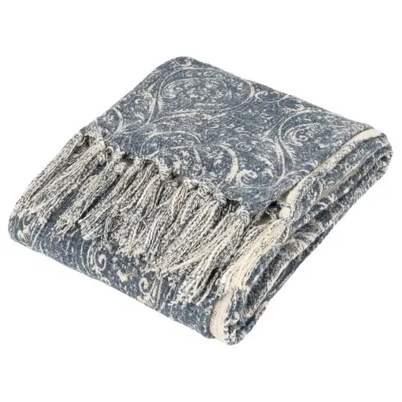 Patterned Throw Blanket with Tassels - Blue, Cotton image