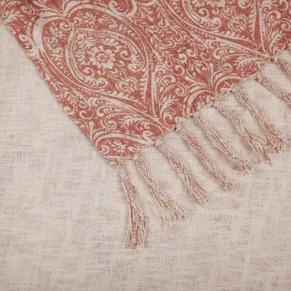 Patterned Throw Blanket with Tassels - Coral, Cotton