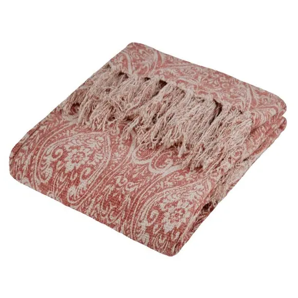 Patterned Throw Blanket with Tassels - Coral, Cotton