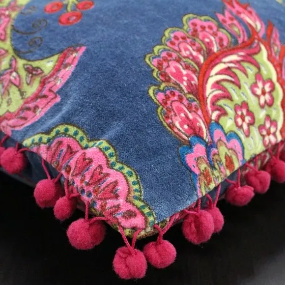 Round Floral Cushion - Blue, Velvet