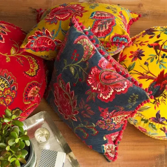 Round Floral Cushion - Blue, Velvet