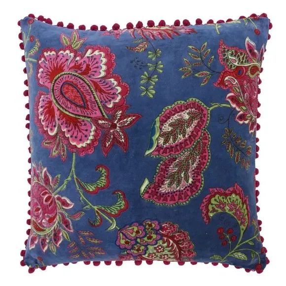 Round Floral Cushion - Blue, Velvet