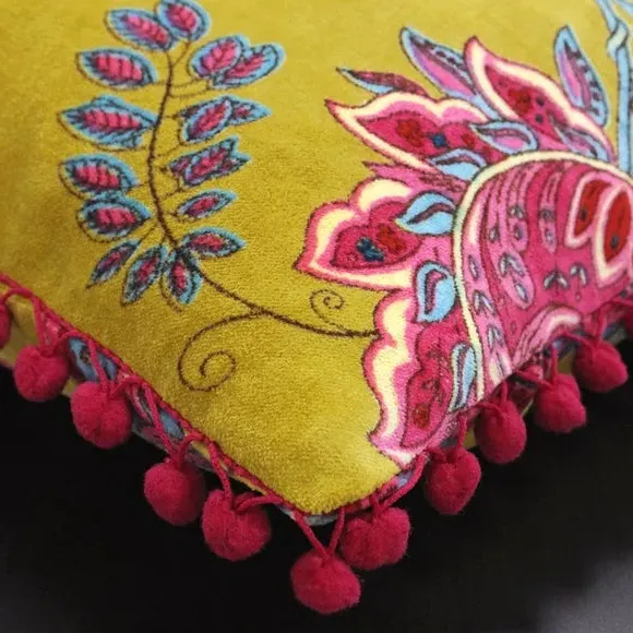 Round Floral Cushion - Lemon Yellow, Velvet