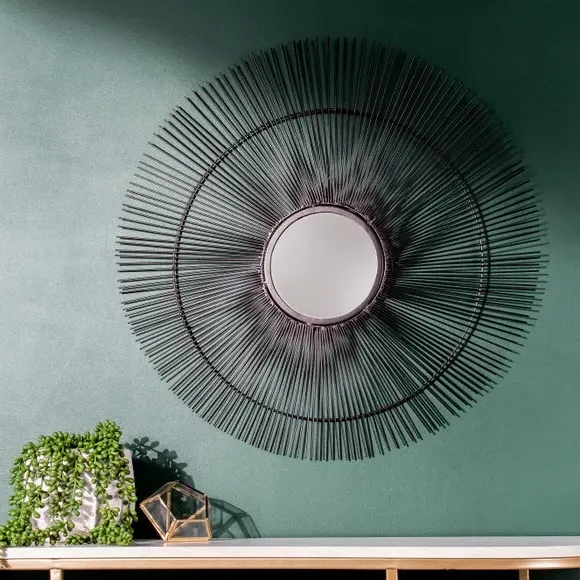 Round Wall Mirror Sunburst Design - Black, Wire image