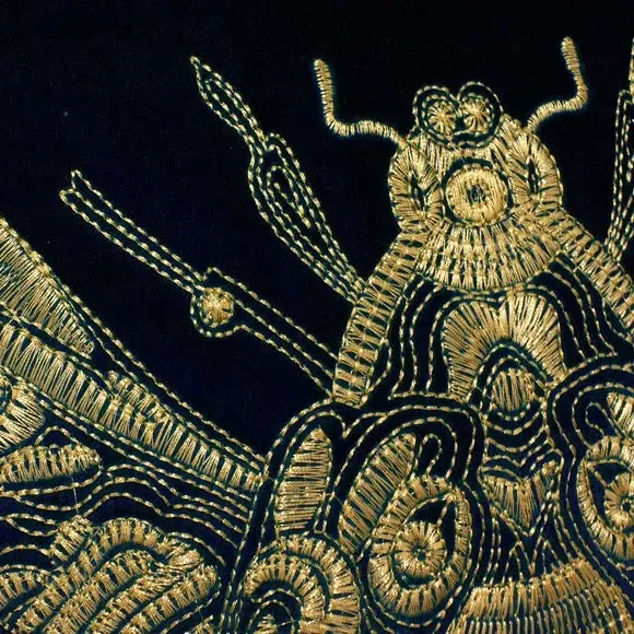 Square Cushion with Bee Embroidery - Blue, Velvet